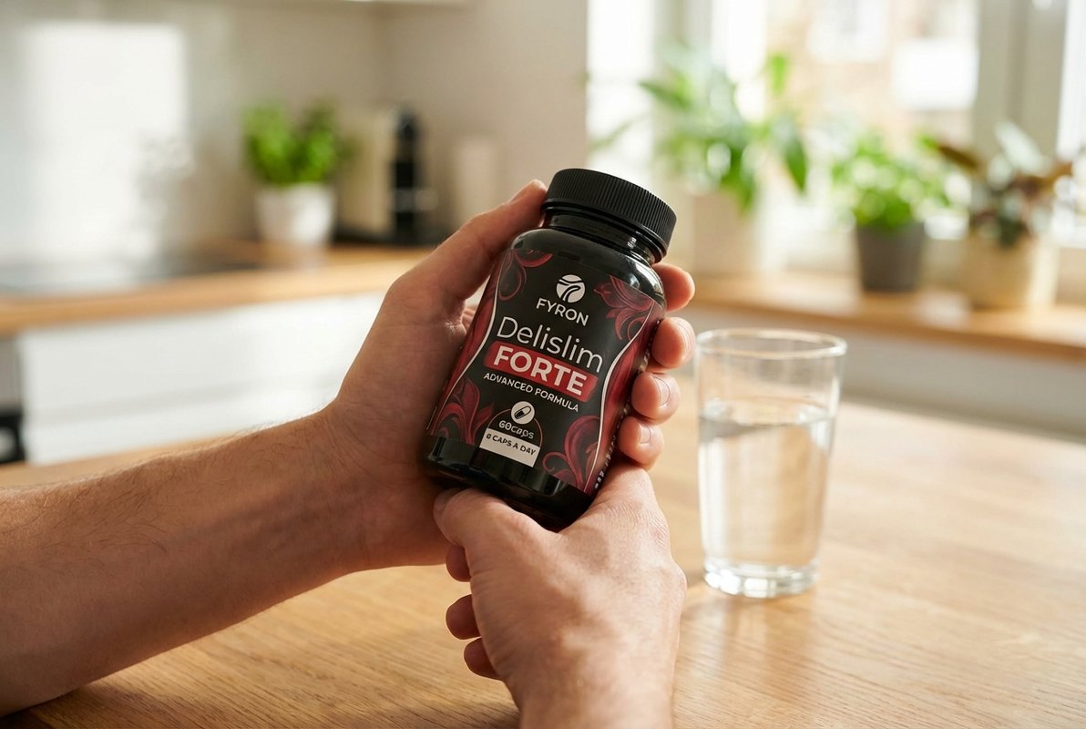Személy kezében tartja a Delislim FORTE táplálékkiegészítő üvegét