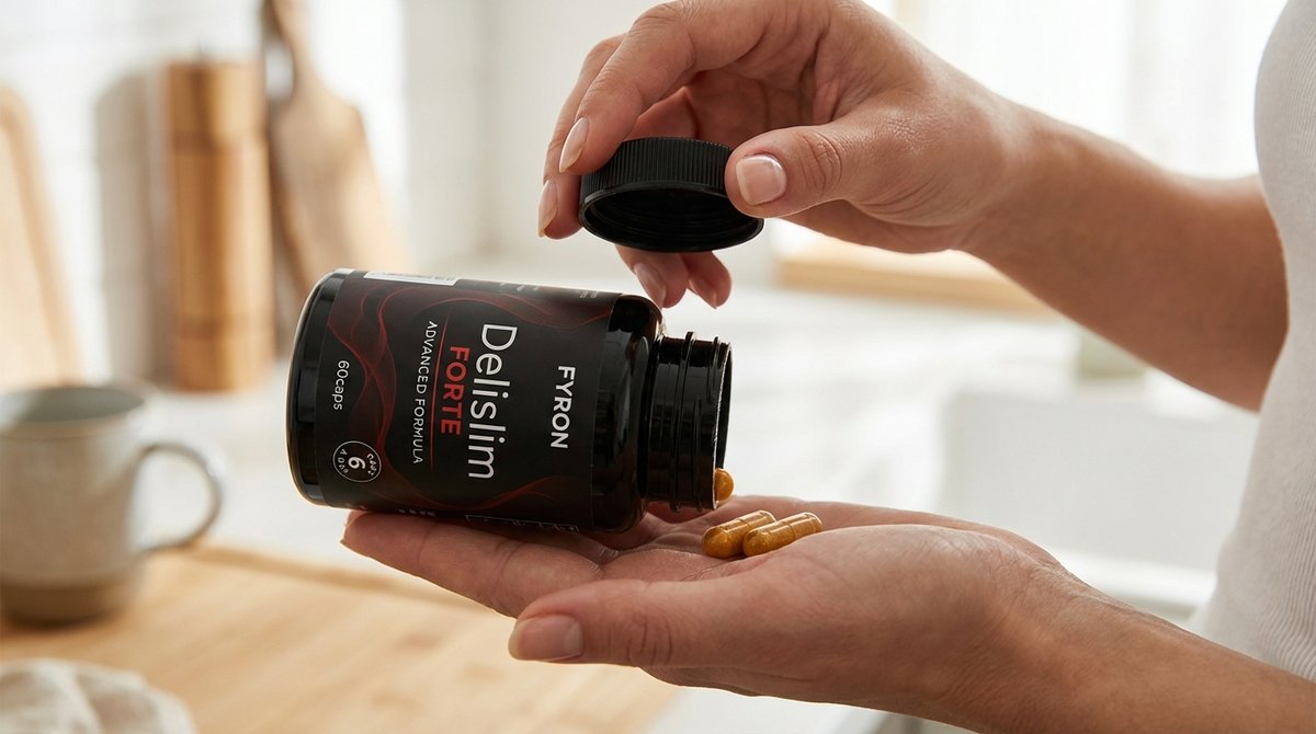 Ruka otvara Delislim FORTE bocu i vadi kapsule